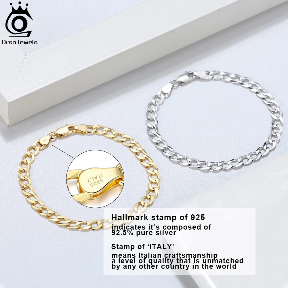 ORSA JEWELS 925 Sterling Silver 3mm Cuban Link Curb Chain Bracelet Gold Italian Cuban Bracelet Jewelry for Men Women SB123 241220