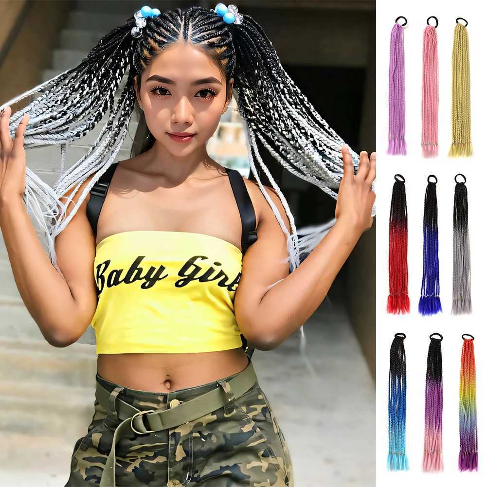 Synthetic Rainbow Color Braids Pony Tail with Elastic Band Colorful Braided Ponytail Hair Extension 24 Inches for Women GirlsXJ241221