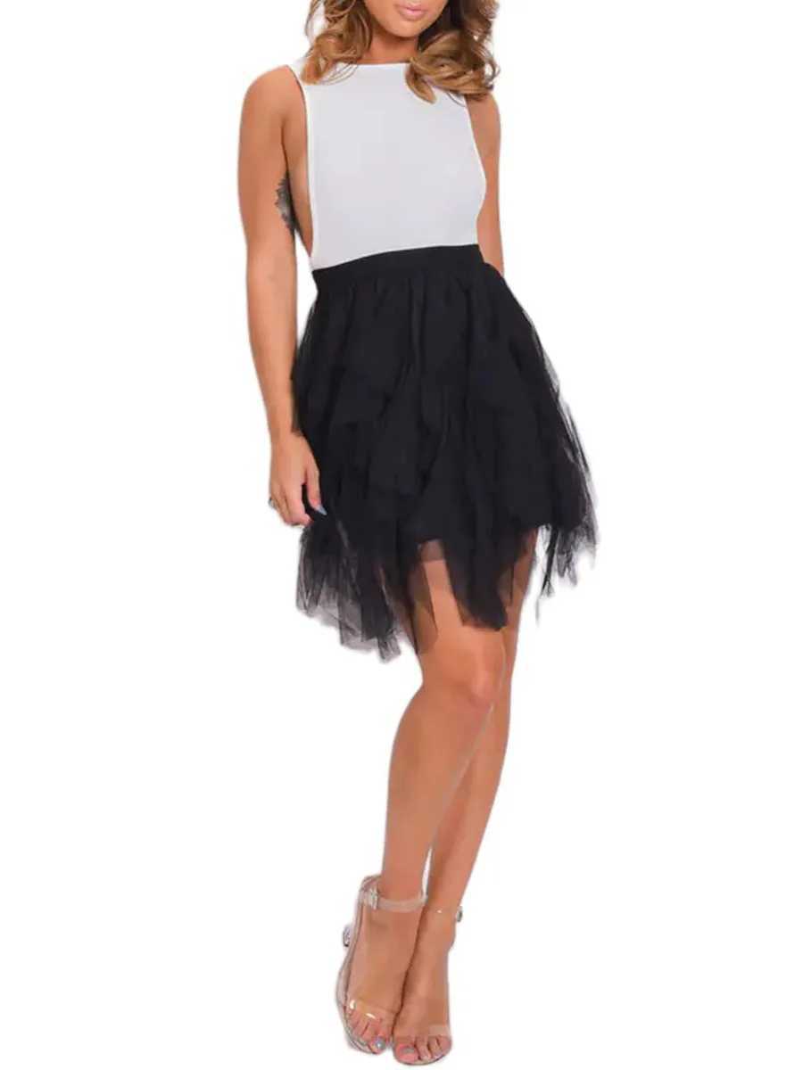 DeuYeng Women s Tulle Tutu Skirt Solid Color Elastic Layered Mesh Fairy A-Line Mini Skirt for Beach Party Club StreetwearXJ241221