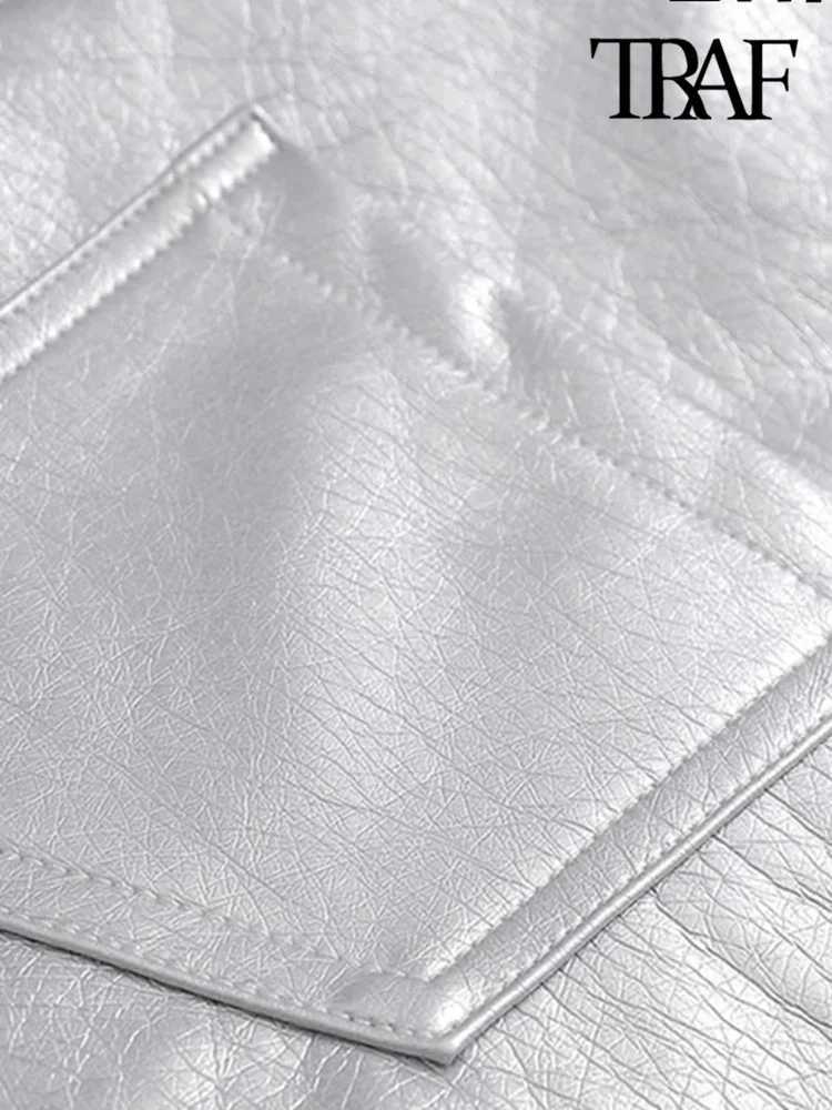 TR Women Fashion Front Pockets Faux Leather Silver Mini Skirt Vintage High Waist Zipper Fly Fe Skirts jerXJ241221