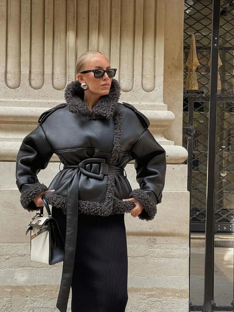 Warm Lapel Lamb Woolen Woman Leather Coat Chic Belt Black Full Sleeve Jacket Fall Winter Lady High Street Outerwear 241216