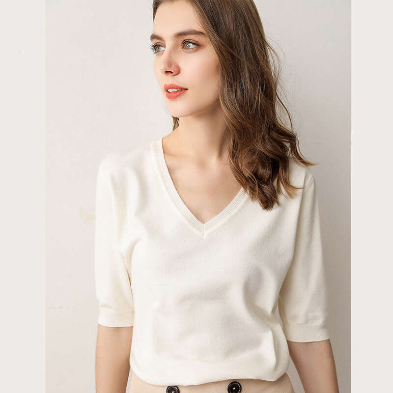 Spring Summer New Short Sleeve Cashmere Sweater Women's Low Collar Loose V-Neck Knit Bottoming Shirt Female Pullover Tops