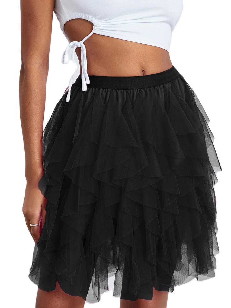 DeuYeng Women s Tulle Tutu Skirt Solid Color Elastic Layered Mesh Fairy A-Line Mini Skirt for Beach Party Club StreetwearXJ241221