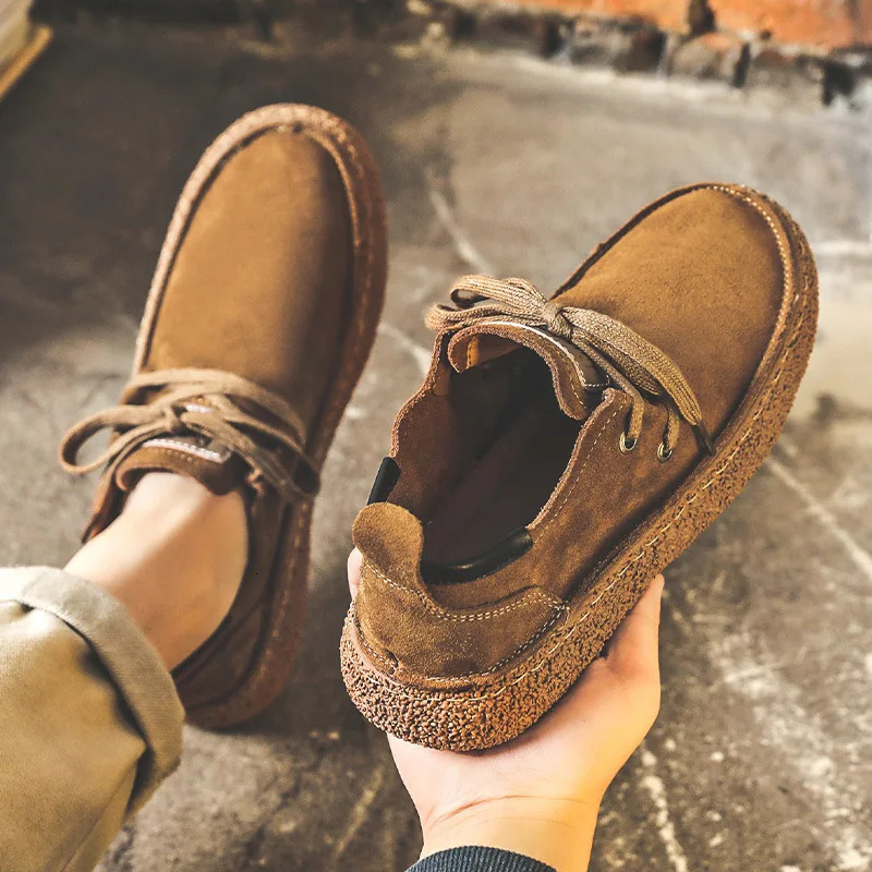 Mens Lace-up Casual Shoes Suede Genuine Leather Men Comfortable Driving Flats Mens Wear-resistant Non-slip Retro Desert Shoes 241213