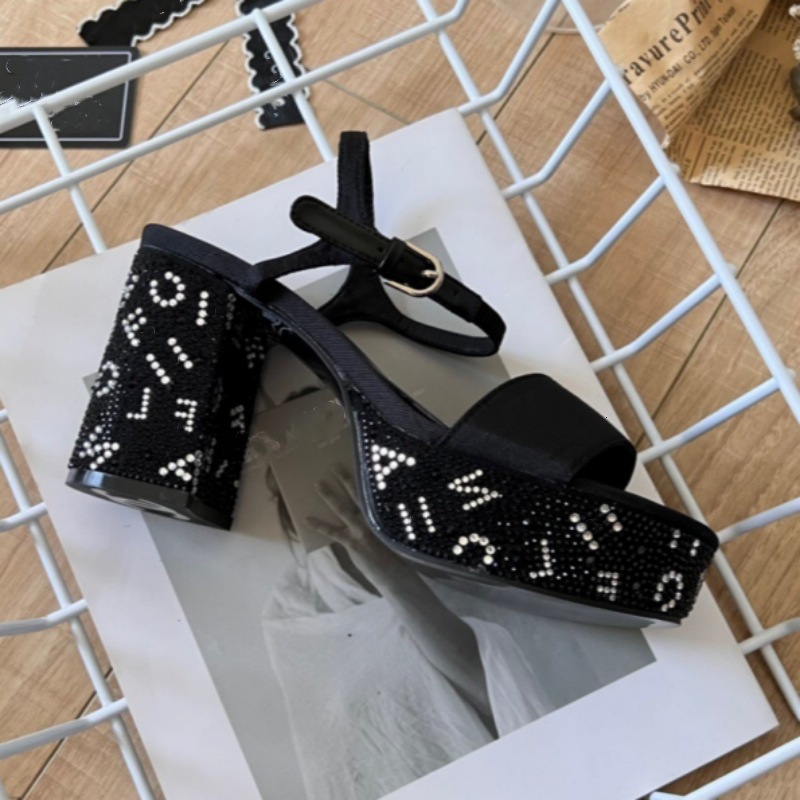 2024 New Open Toe Rhinestone Letter Thick Heel Straight Buckle Sexy High-Heeled Sandals With High Waterproof Platform