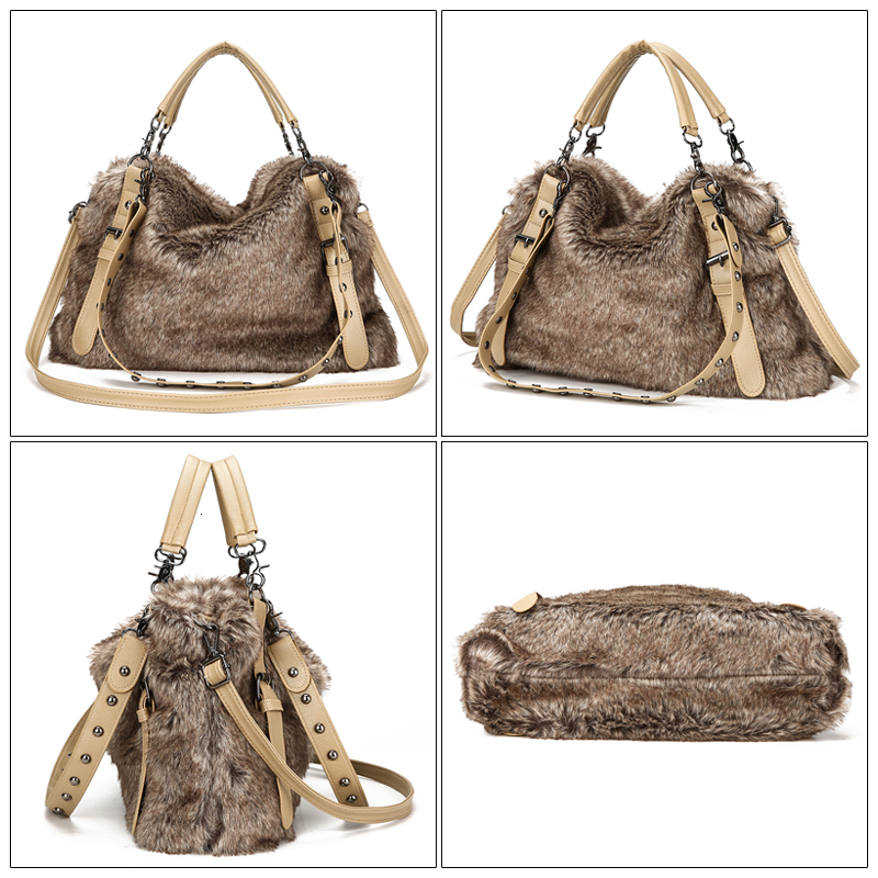 Faux Fur Totes Shopping Handbag Winter Women Bag Plush Purse Trendy 2022 Rivet Shoulder Bags Cold Woollen Design