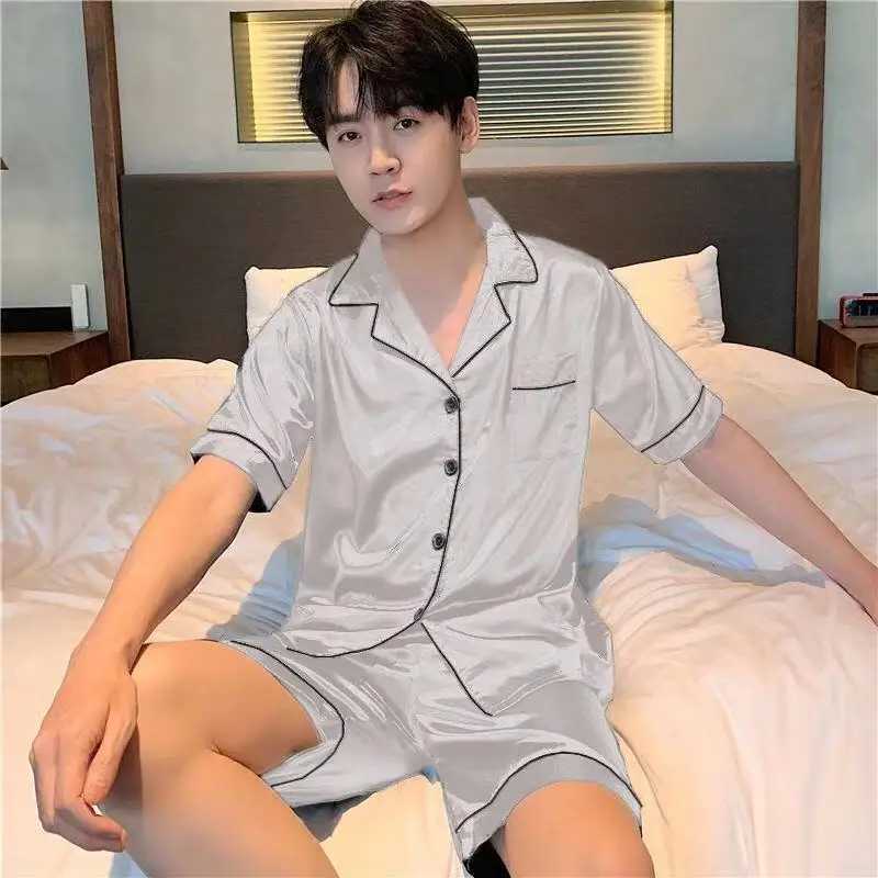 Ice silk sleepwear mens short sleeved thin summer solid color sleepwear large-sized home set W241221