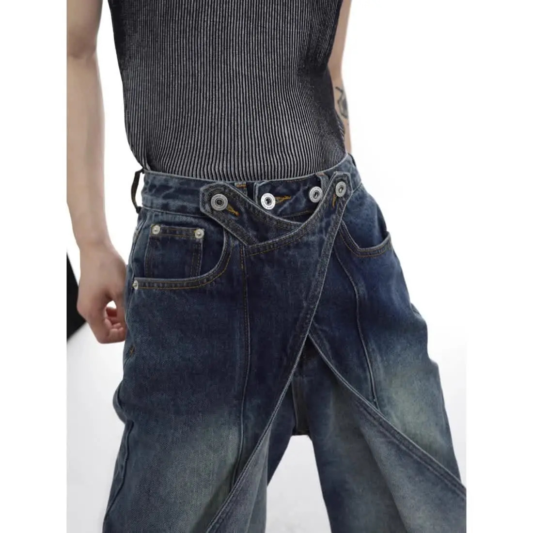 Hip Hop Goth Ripped Jeans for Men Retro Washed Baggy Patchwork Cut Flared Denim Pants Straight High Waist Streetwear 241218