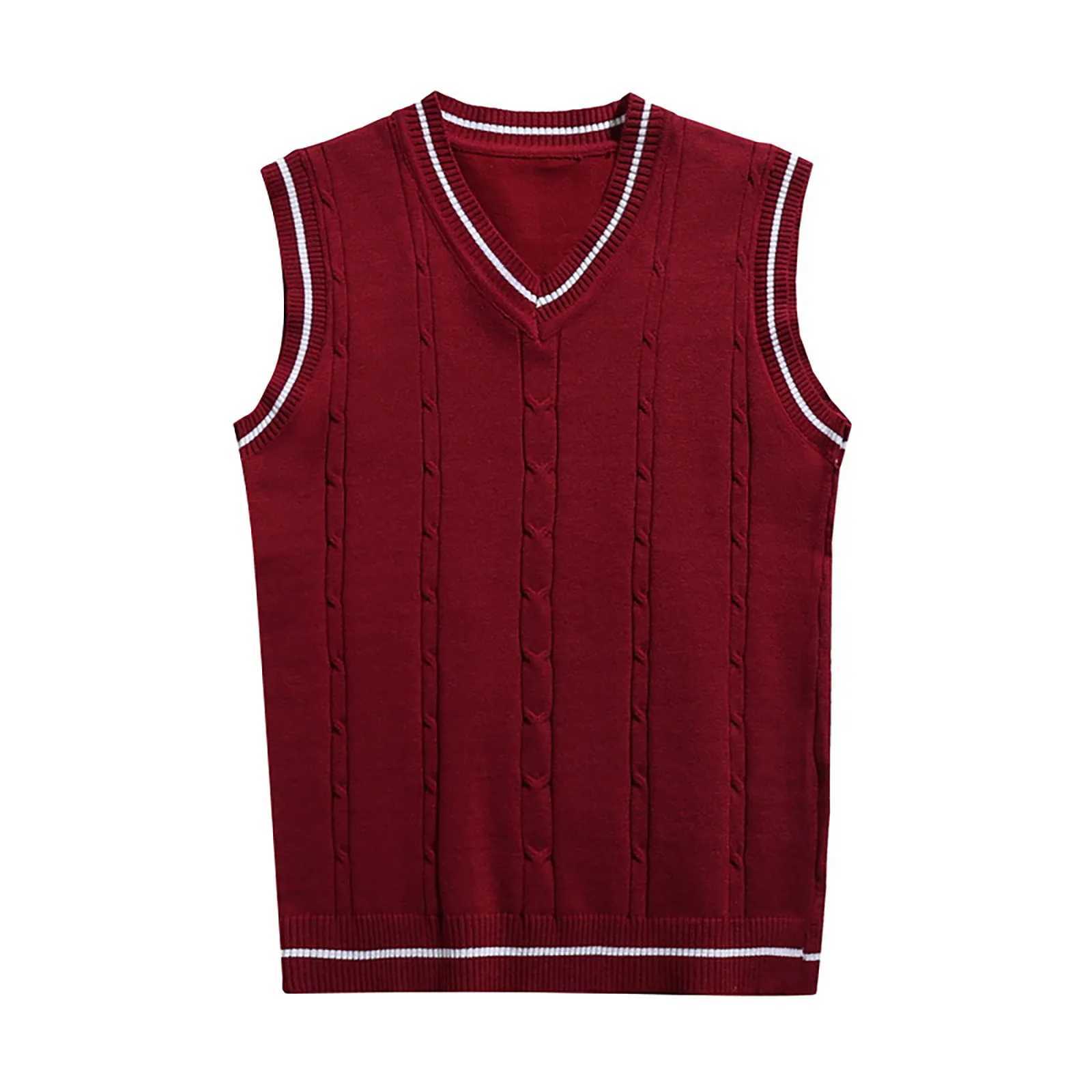 Men Knitted Vest Sweaters Striped White Blue Sleeveless Clothes V Neck Vest Red Waistcoat Jumpers Cotton Knit Sweatshirt WinterXJ241221