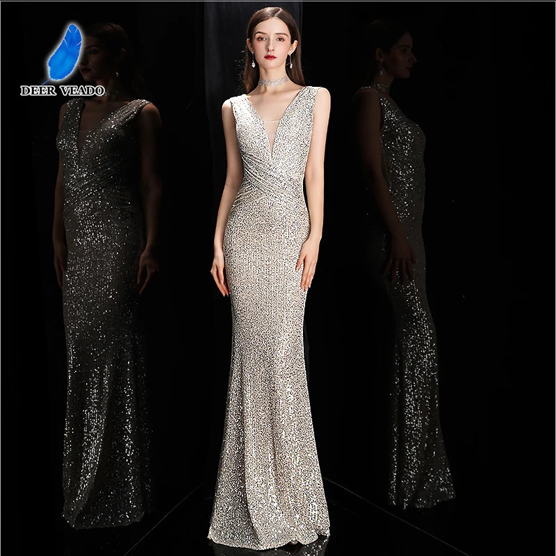 DEERVEADO Elegant V Neck Sequin Evening Dress Long Women Mermaid Formal Dress Party Gown Bodycon Maxi Prom Dress 241216