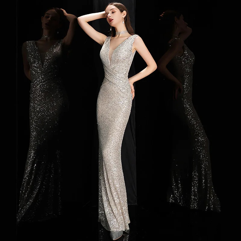 DEERVEADO Elegant V Neck Sequin Evening Dress Long Women Mermaid Formal Dress Party Gown Bodycon Maxi Prom Dress 241216