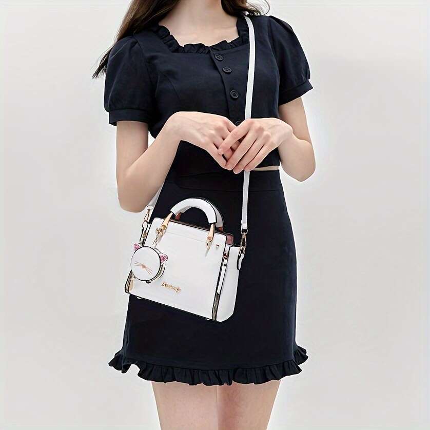 Small Top Handle Satchel Fashion Purses And Handbags For Women Ladies With Kitten Pendant Shoulder Bags Totes