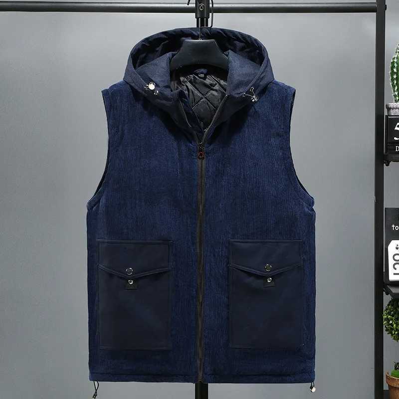 New Large Big Size Men Cotton Padded Vest Hooded Autumn Thermal Sleeveless Jacket Male Warm Corduroy Waistcoat Winter SweatshirtXJ241221