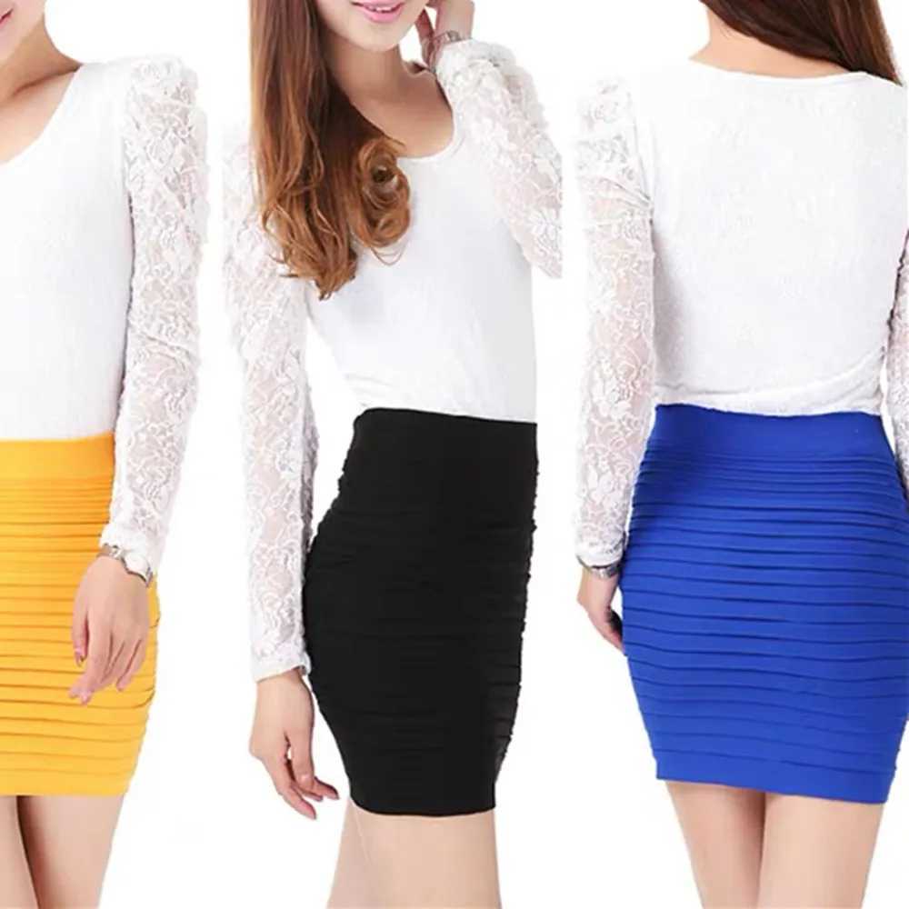 New Summer Elastic Pleated Skirt for Women Girls Solid Color High Waist Bodycon Skirts Sexy Mini Short Pencil Skirts FashionXJ241221
