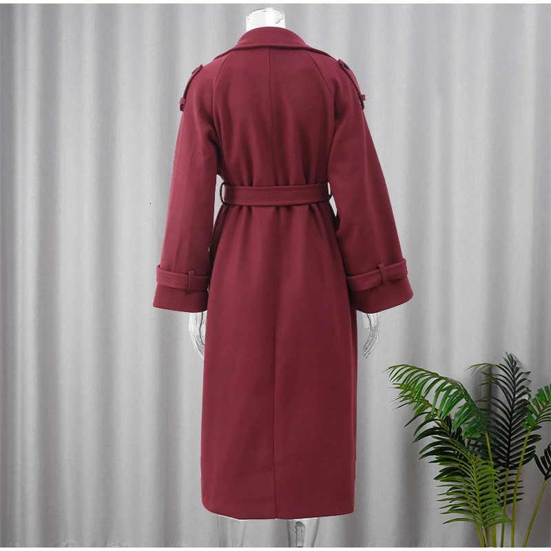Elegant Burgundy Red Wool Blends Long Coat With Belt Fashion Turn Down Collar Sleeve Overcoat Fall Winter Office Streetwear 241216