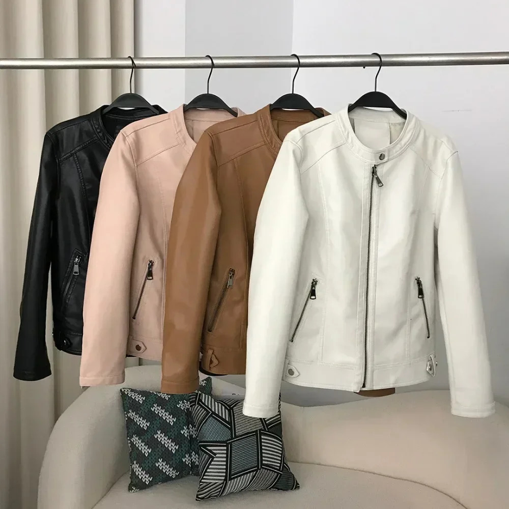 Faux Leather Jacket Women PU Spring Autumn Style Round Neck Casual Fashion Versatile Trendy Motorcycle 241216