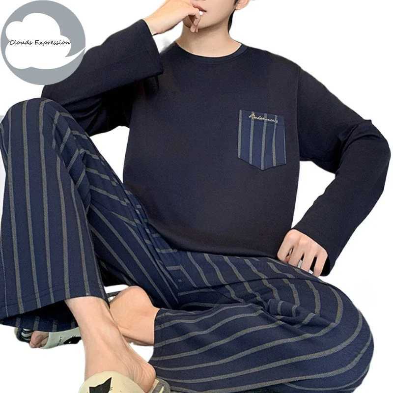 Spring Big 5XL Knitted Pjs Full Length Mens Pajama Set Mens Pajama Striped Casual Wear W241221