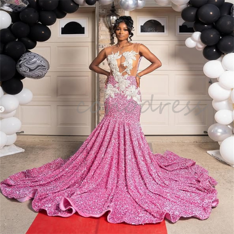 Sparkle Pink Prom Dresses For Black Women Luxury Sequins Mermaid Evening Dresses Sleeveless Beaded Birthday Formal Party Night Vestio De Fiesta Ceremo