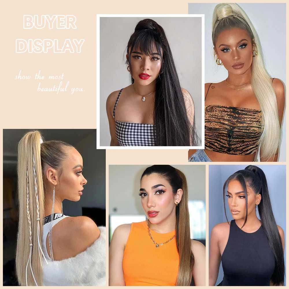 Synthetic Long Straight Ponytail Hair Extensions 24 Inch Black Brown Rubber Band Pony Tail Hairpiece For Women Daily UseXJ241221