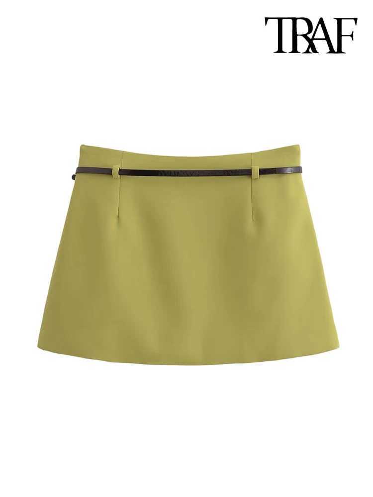TR-Womens Mid Waist Solid Mini Skirt with Belt Side Zipper Fe Skirts FashionXJ241221