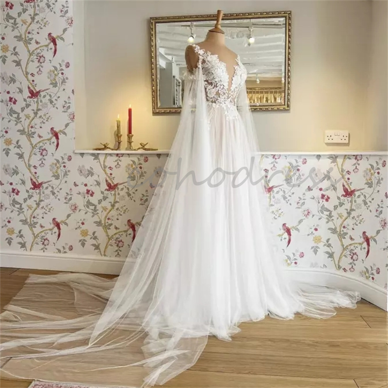 Fairy Cape Sleeve Boho Wedding Dress Ilusion Lace Bohemian Bride Dress A Line Tulle Country Bridal Gown Beach Civil Robe De Mariage 2025 Amazing Vesti