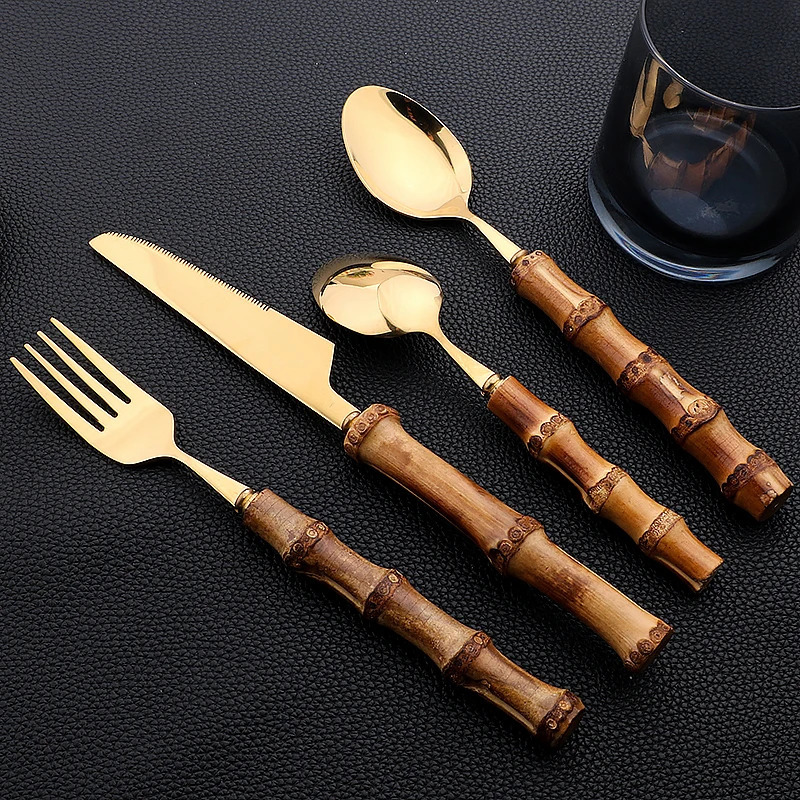 AJOYOU Gold Tableware Set 16/24 Kitchen Mirror Stainless Steel Tableware with Bamboo Handle Knife Fork Spoon 241220