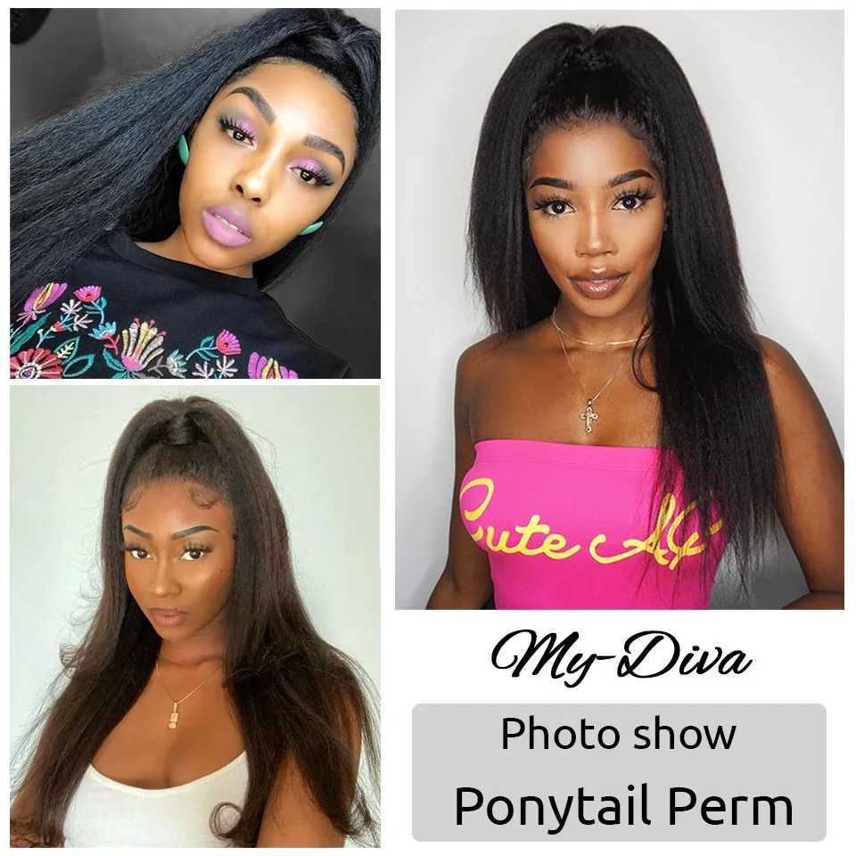 MyDiva Afro Long Straight Puff Ponytail Hair Extension Natural Synthetic Perm Yaki Hairpiece Drawstring Ponytails Elastic BandXJ241221