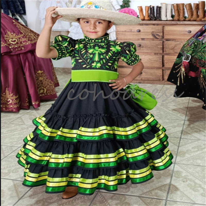 Green Mexican Flower Girls Dress Embroidery Birthday Dress Mariachi Kid Pageant Party A Line Mariach First Holy Communion Dress Caramuza 2025 Short Sl
