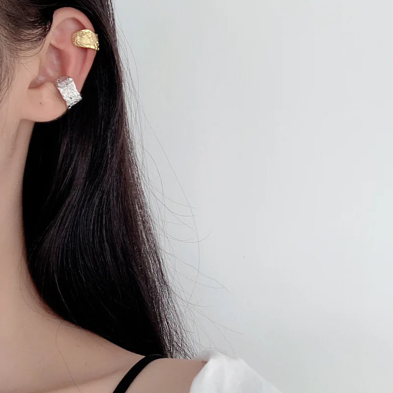 1PC Korean Fashion Woman S925 Sterling Silver Wrinkle Ear Clip No Puncture Uneven Surface Wide Ear Cuff Fine Jewelry 241220
