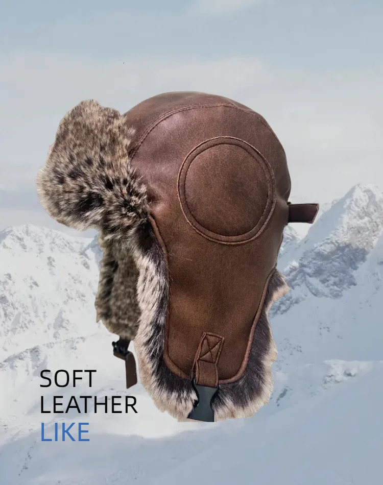 Brown artificial leather winter fur pilots hat torpedo wind hat bomber artificial fur flip cover cavalry trap refrigerated snow hat 241220