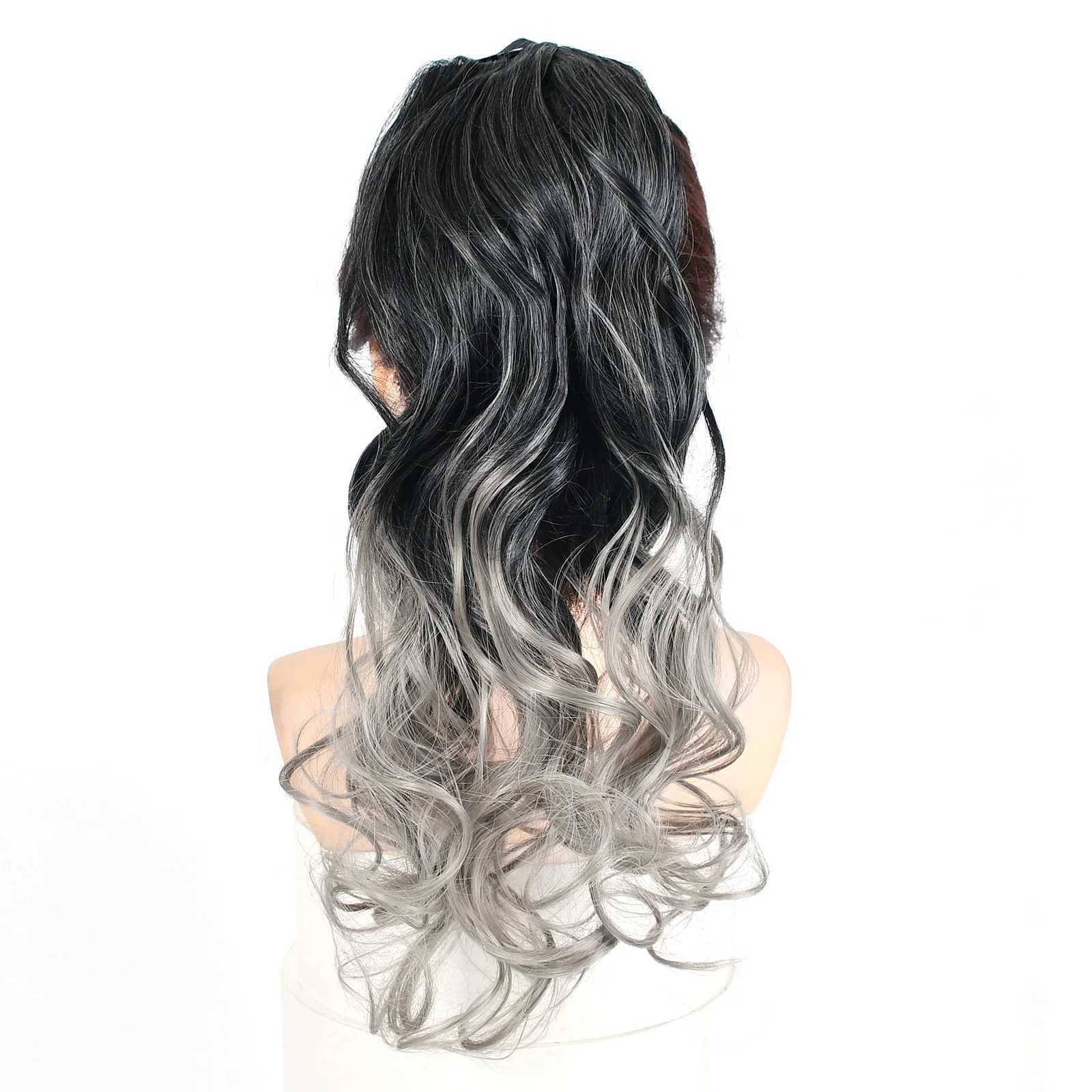 Jeedou Synthetic Ponytails Gray Color Long Straight Wavy Hair Ribbon Drawstring Ponytail Hair Extension HairpieceXJ241221