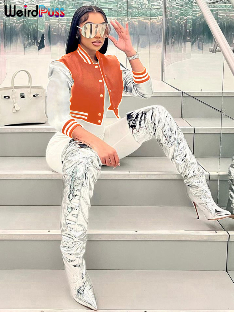 Weird Puss Fluffy Letter Short Jacket Varsity Women Hipster Leather Sleeve Patchwork Y2k Baseball Casual Wild Streetcoat Outwear