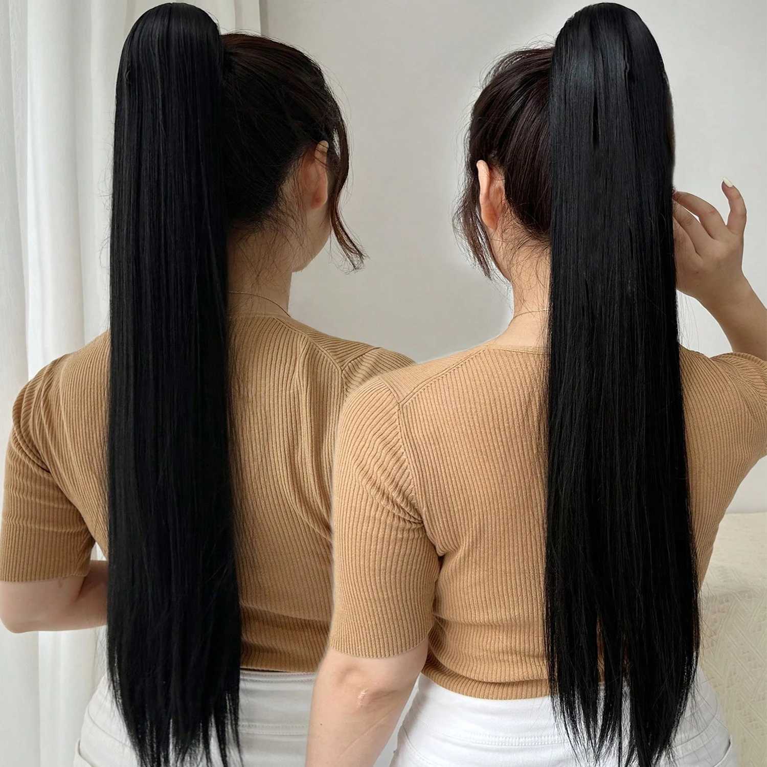 Clip in Ponytail Extension Wrap Around Long Straight Ponytail Natural Soft Synthetic Hairpiece for WomenXJ241221