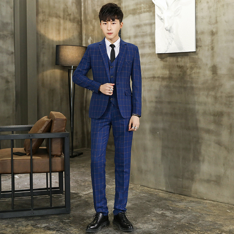 F1221Groom and best man suit five piece checkered suit