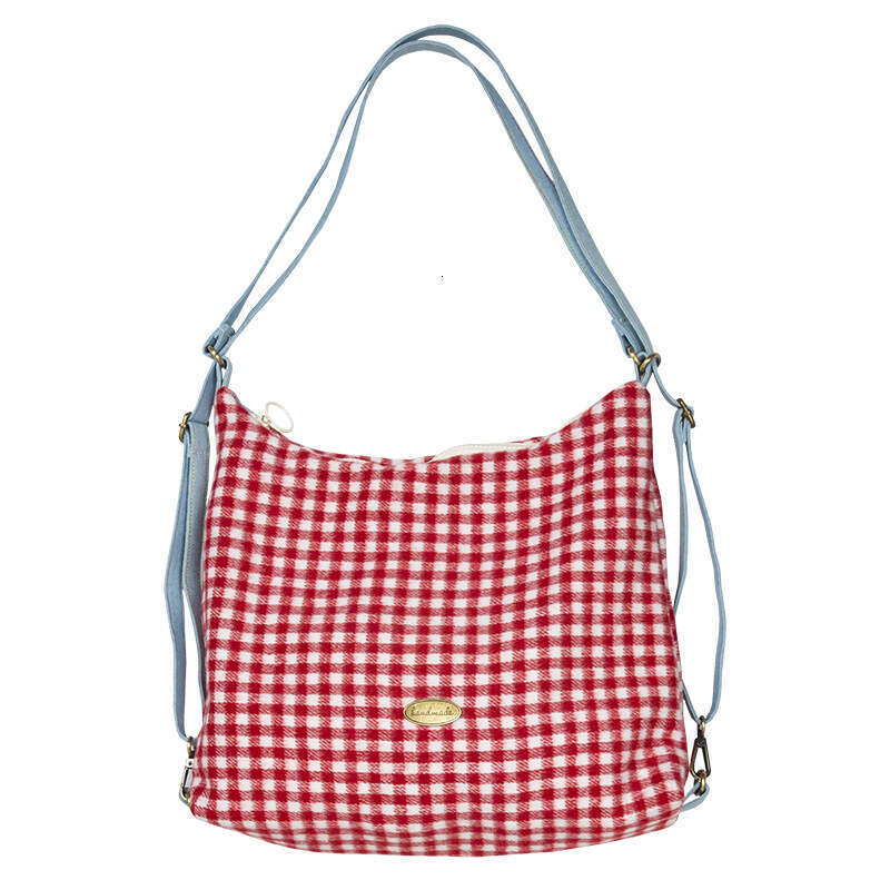 Design a red checkered multifunctional single shoulder for women, versatile and large capacity backpack, adjustable crossbody bag