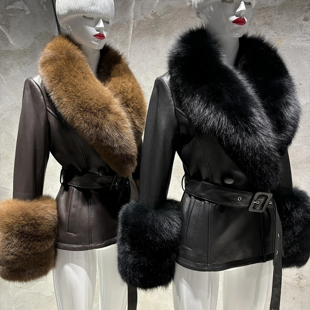 YOLOAgain Womens Real Fox Fur Collar Sheepskin Leather Jacket Coat Autumn 241216