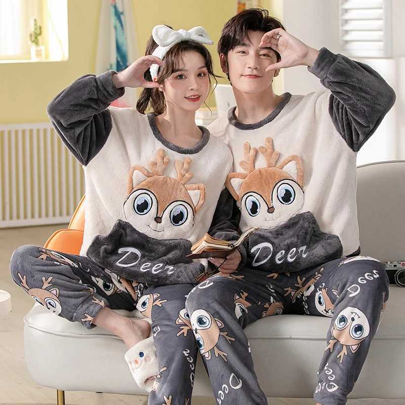 Unisex flannel sleepwear new womens winter warm wool couple sleepwear set couple sleepwear cute cartoon sleepwear W241221