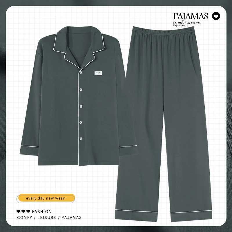 Mens cotton lapel loose long sleeved green casual wear spring and autumn sleepwear large size L-4XL cardigan set pijma hombre W241221