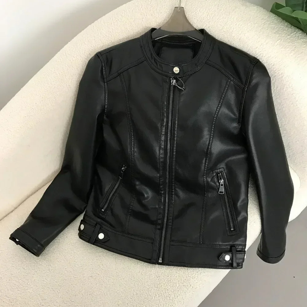 Faux Leather Jacket Women PU Spring Autumn Style Round Neck Casual Fashion Versatile Trendy Motorcycle 241216