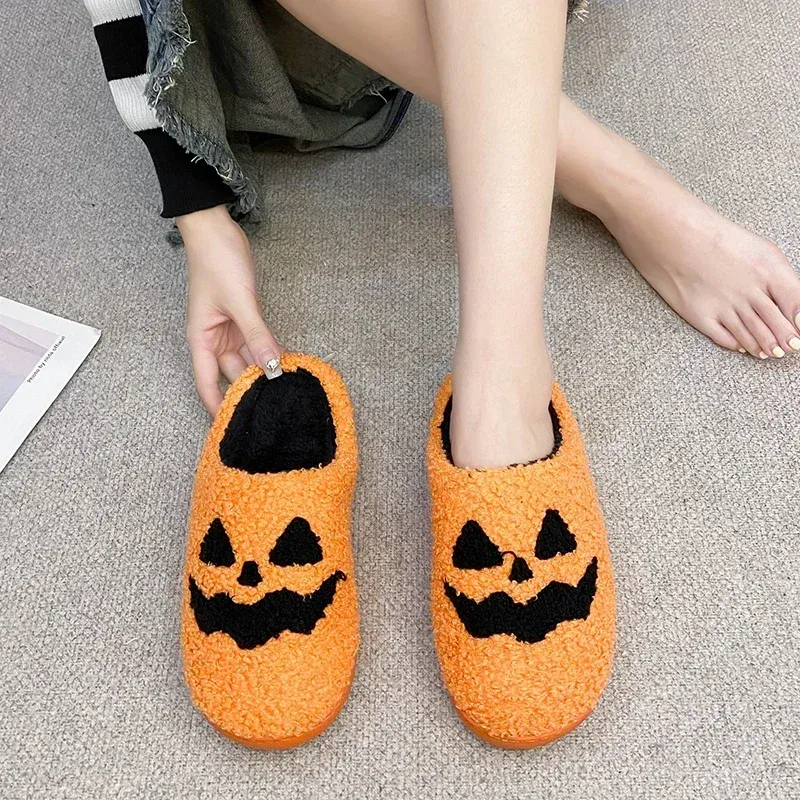 Smile Pumpkin Halloween Women's Slippers Winter Indoor Cartoon Comfort Home Bedroom Soft Causal Flat Plush Shoes for zhanyishengli