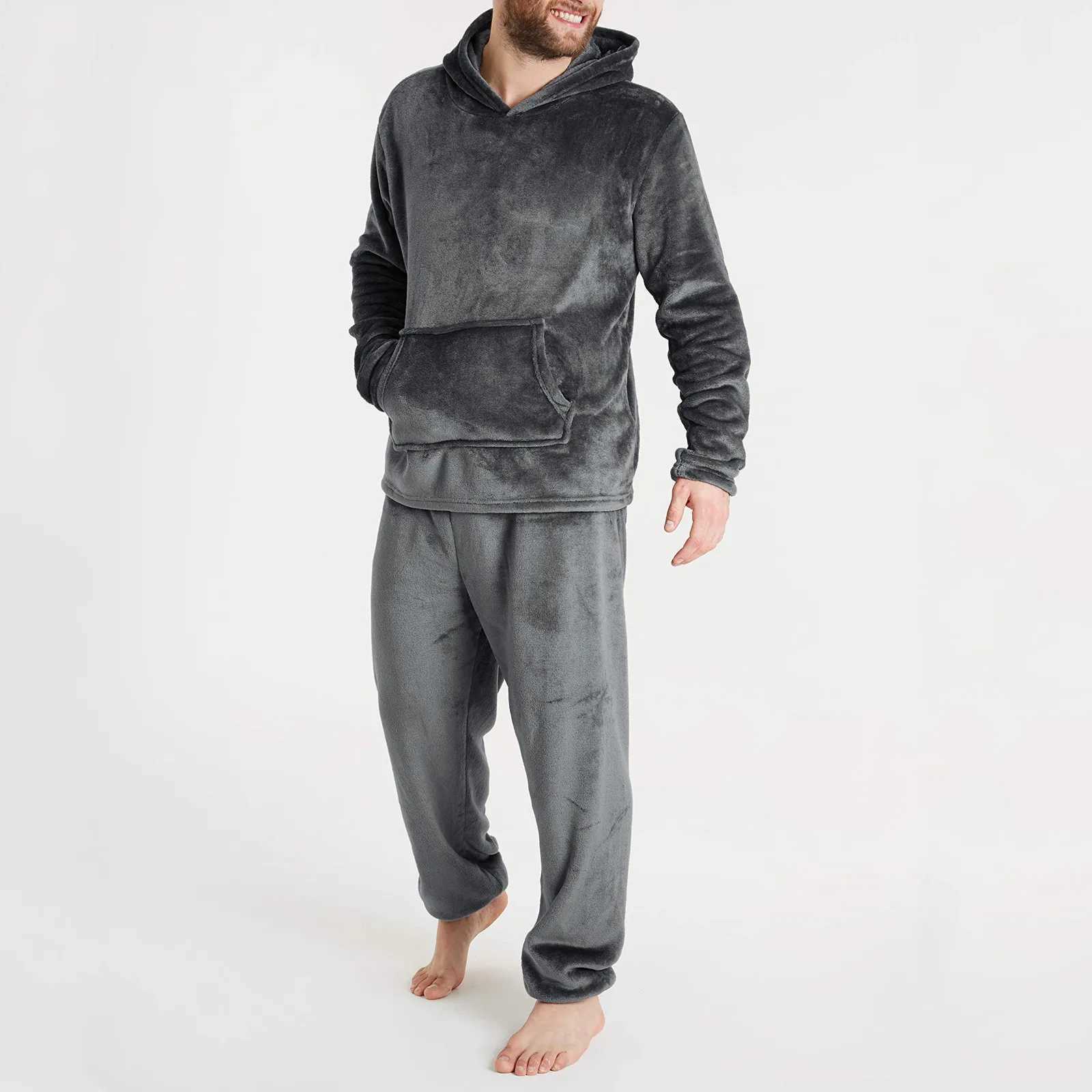 Winter mens wool casual long sleeved pajamas set coral velvet solid color pajamas mens plush thick hooded sweater W241221