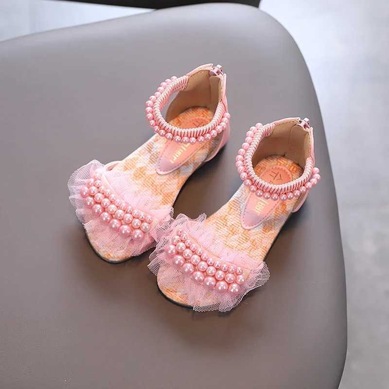 Sandals Girls Sandals Lace Pearl Zipper Sweet Summer Children Sliders Open Toe 21-36 Toddler Fashion Soft Dance Kids Sliders H241217