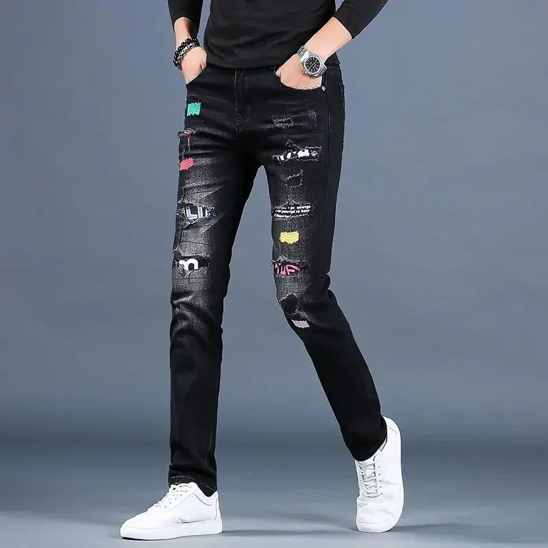 Trousers Ripped Black Jeans for Men Graphic Male Cowboy Pants Broken Tight Pipe with Holes Skinny Slim Fit Torn Trend Goth 241218