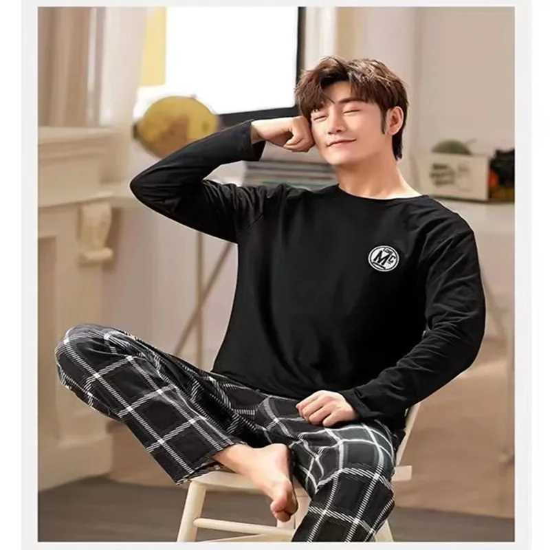 Mens long sleeved cotton autumn and winter pajamas can be worn over casual plus gray striped pajamas W241221