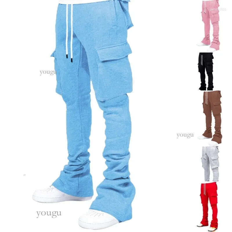 Men's Pants Mens Drawstring Waist Jogger Solid Color Pile Up Stacked Cargo Workout Running Sport Sweatpants With Multi Pockets