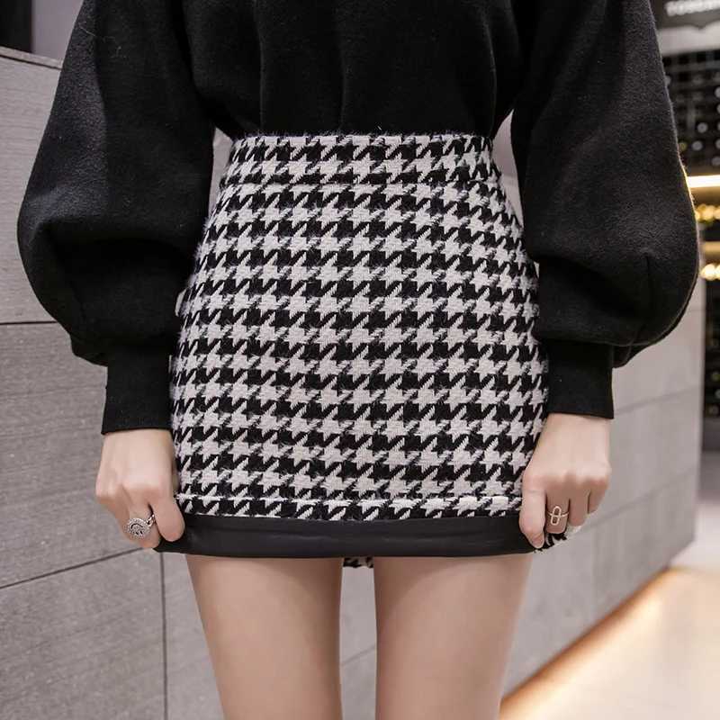 High Waist Retro Houndstooth Winter Wool Pencil Skirt For Women 2023 Casual Vintage Plaid Slim Short Saias FemmeXJ241221
