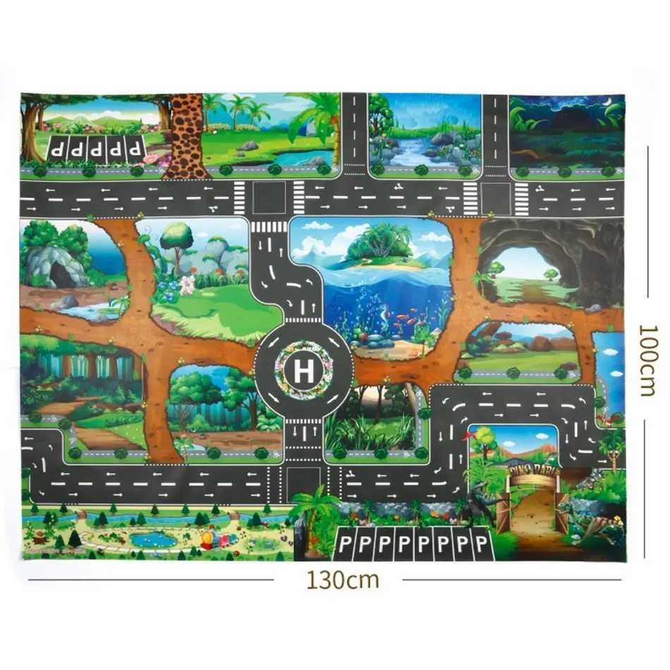 Childrens Game Mat Activity Surface Waterproof Map Childrens Animal Road Toys Baby Dinosaur Road Portable Carpet Farm Road Non toxic Mat W241221
