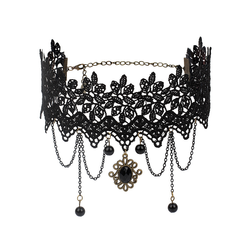 Gothic Black Lace Necklace Women Girl Boho Crystal Tassel Sexy Lace Choker Dark Jewelry Multi-Layer Fringe Lace Choker Necklace - Gothic Lolita Vintag