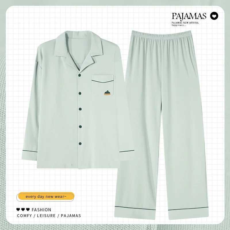 Mens cotton lapel loose long sleeved green casual wear spring and autumn sleepwear large size L-4XL cardigan set pijma hombre W241221
