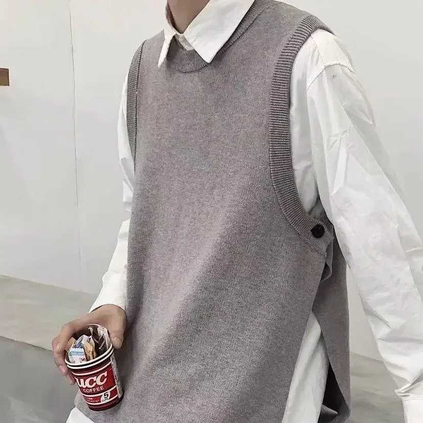 Knit Sweater Male Solid Color Plain Slit Mens Clothing Black Vest Waistcoat Sleeveless Korean Autumn Clothes Winter 2024 A NeckXJ241221